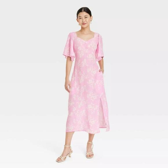 A New Day Women's Pink White Floral Crepe Flutter Short Sleeve Midi Dress Size M - Picture 1 of 5